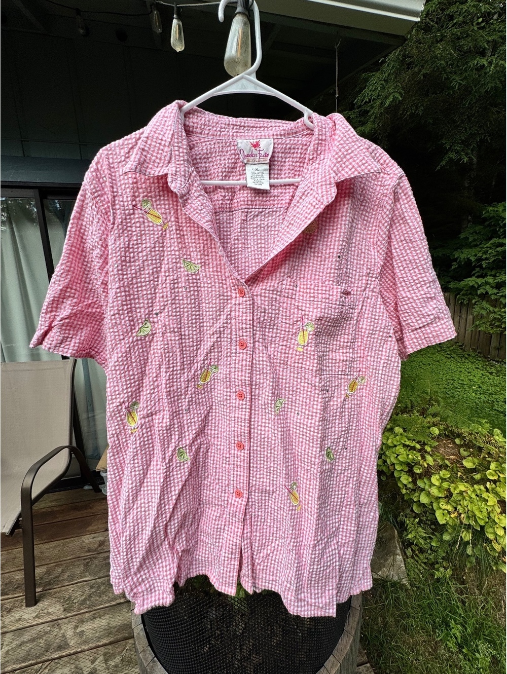 Quacker Factory Pink Gingham Button-Up Shirt with Embroidered Cocktail Motifs XL